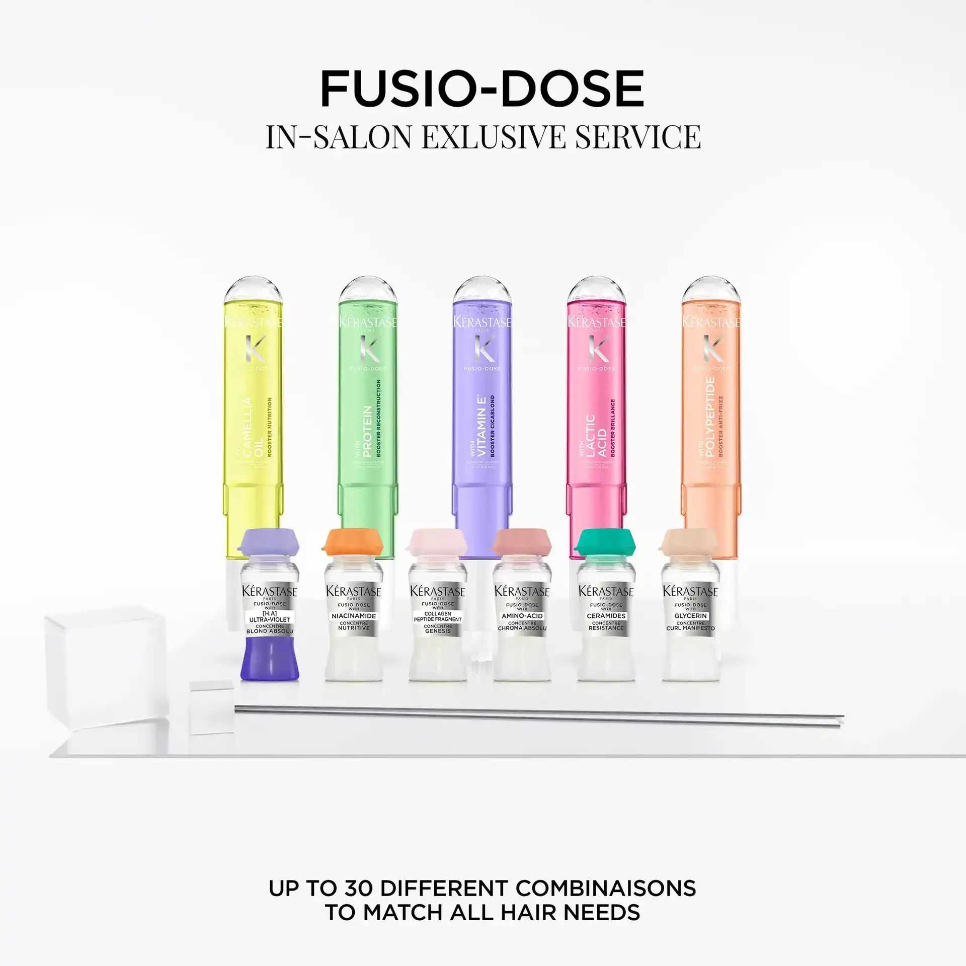Kérastase Fusio-Dose vials in various colors for customizable hair treatment solutions.
