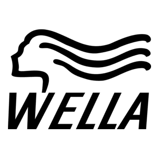 Wella logo with a silhouette of a woman's head and flowing hair.
