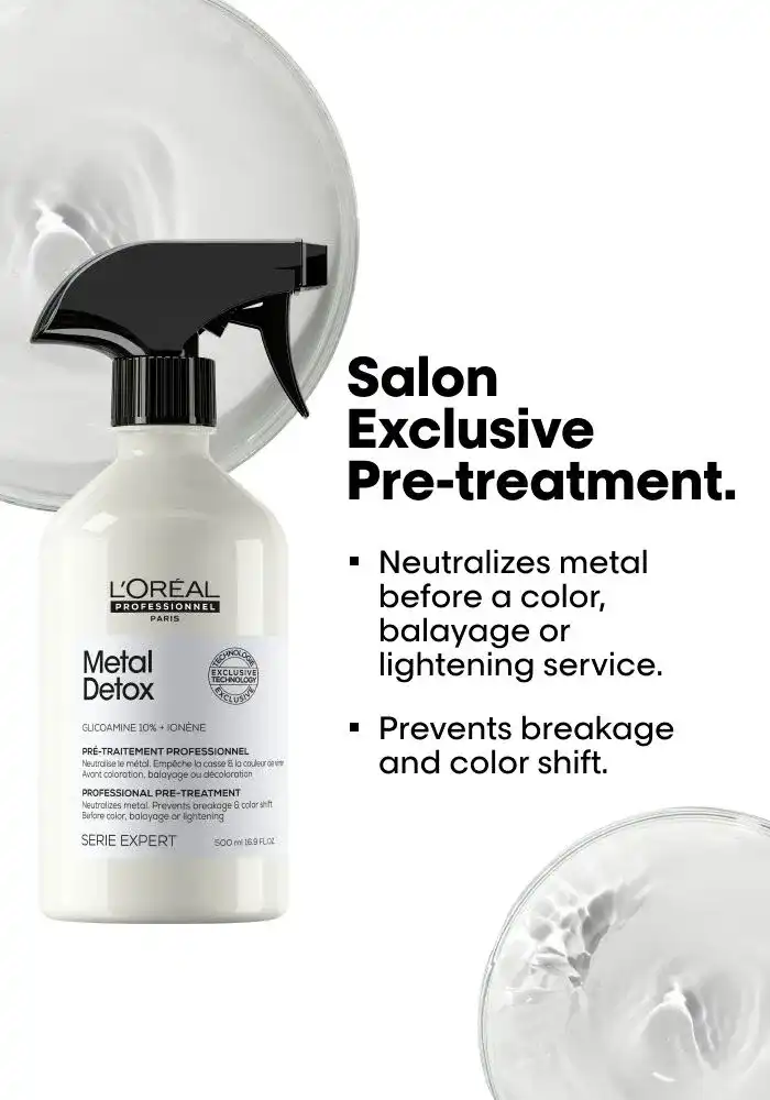 Metal Detox pre-treatment spray for hair. Prevents breakage and color shift before coloring.